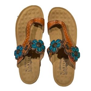 L’artiste Spring Step Ludovica Floral Leather Hand Painted Tstrap Sandal 36 Sz 6